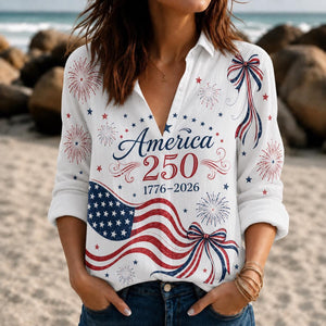 Retro American Flag Women Top Shirt - USA 250th Anniversary Blouse Shirt
