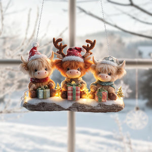 Christmas Highland Cow Acrylic Ornament: Festive Window Decor