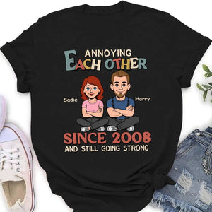 Personalized Classic Tee Funny Couple Cartoon Sitting Together Cute Gift for Husband or Wife Annoying Each Other Vibe