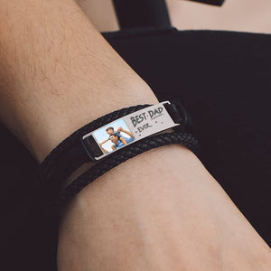 Best Dad Grandpa Ever - Personalised Cuff Leather Bracelet With Photo, Men's Bracelet Gift for Dad