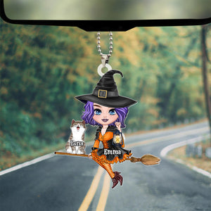 Witch Riding Broom Mystical Girl With Cute Cat Kitten Pet Personalized Car Ornament