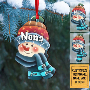 Cute Christmas Snowman Grandma With Grandkids Name Personalized Wood Custom Shape Ornament