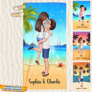 Summer Doll Couple Kissing Hugging On The Beach Personalized Beach Towel-Gift For Couple