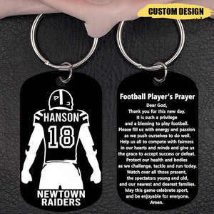 Football Player Gift - Dog Tag Keychain with Player's Prayer - Super Tough Metal - Personalized with Name, Number and Team