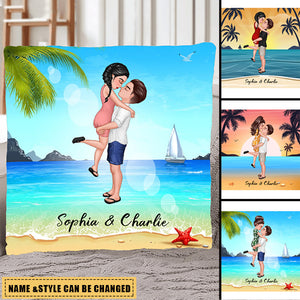 Summer Doll Couple Kissing Hugging On The Beach Personalized Pillow