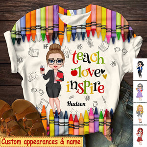 Colorful Crayon Teach Love Inspire Cute Pretty Doll Teacher Personalized 3D T-shirt Perfect Teacher's Day Gift