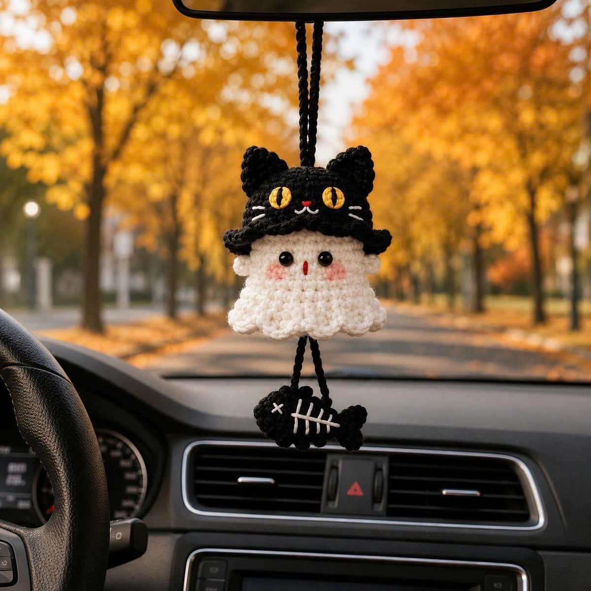 Halloween 2026 Crochet Ghost Car Charm, Handmade Mirror Accessory, Cute Spooky Car Ornament