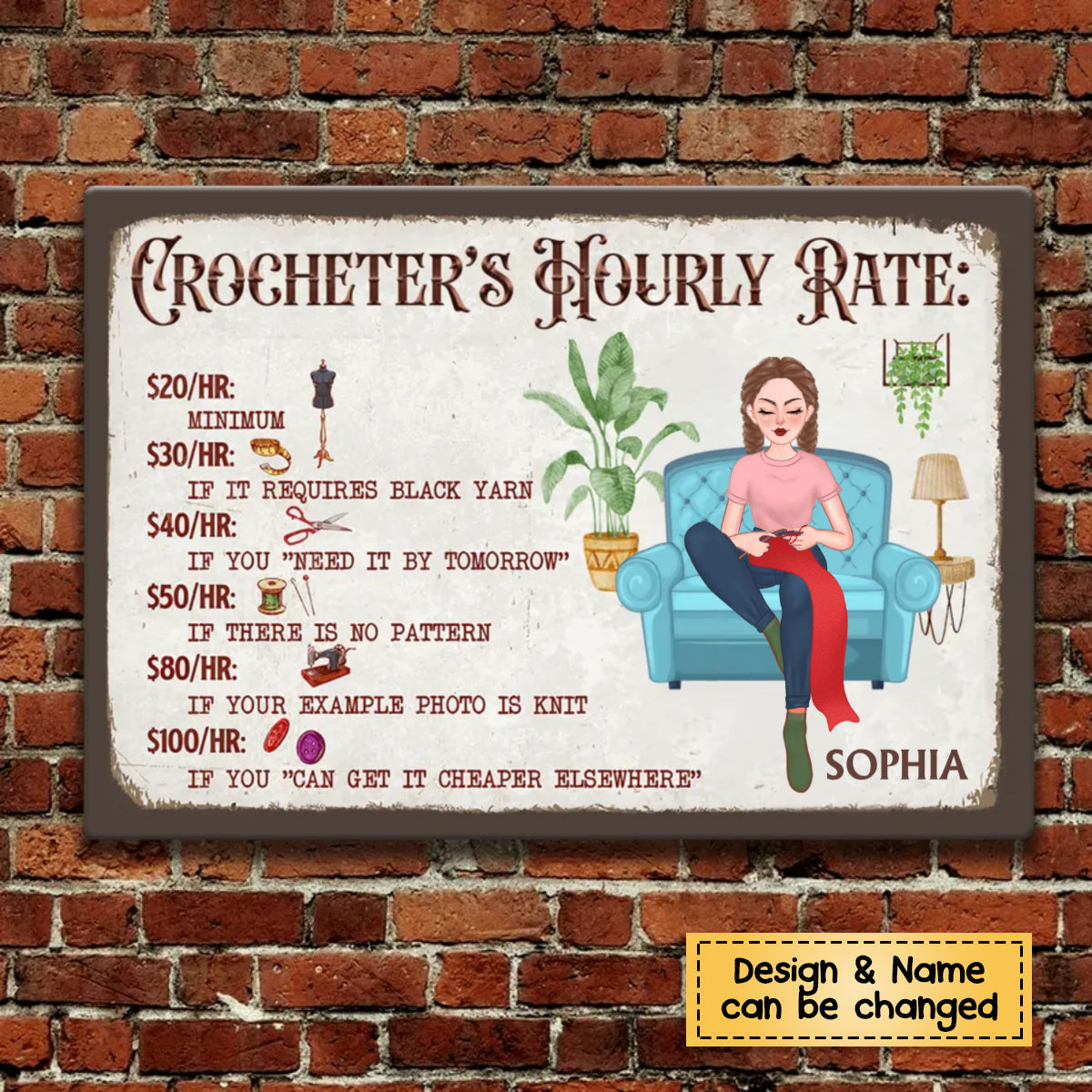Personalized Crochet And Knitting Hourly Rate Metal Sign Metal Sign, Gift for Crochet & Knitting Lovers