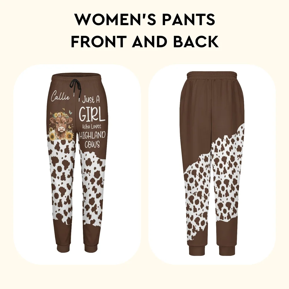 Personalized Highland Cow Soft Woman's Man's Sweatpants with Name and Drawstring Leisure Wear Birthday Gift for Highland Cow Lover
