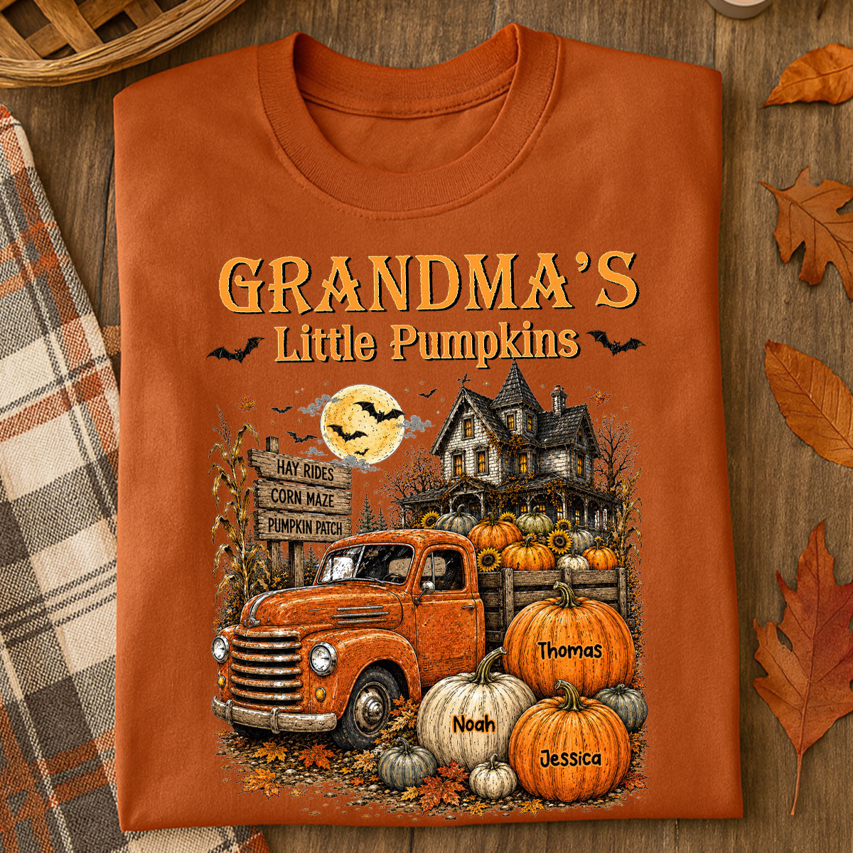 Retro Vintage Farmhouse Halloween Town Style Grandma's Little Pumpkins Truck - Personalized Shirt - Halloween Gift For Family