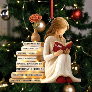 Personalized God Says I Am Ornament, Christmas Ornament for Readers, Custom Birth Month Flower and Name Keepsake