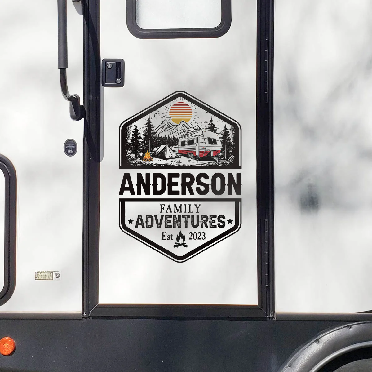 Personalized Family Adventures RV Decal, Custom Camper Sticker with Name & Year, Mountain Camping Scene, Gift for Travel Lovers