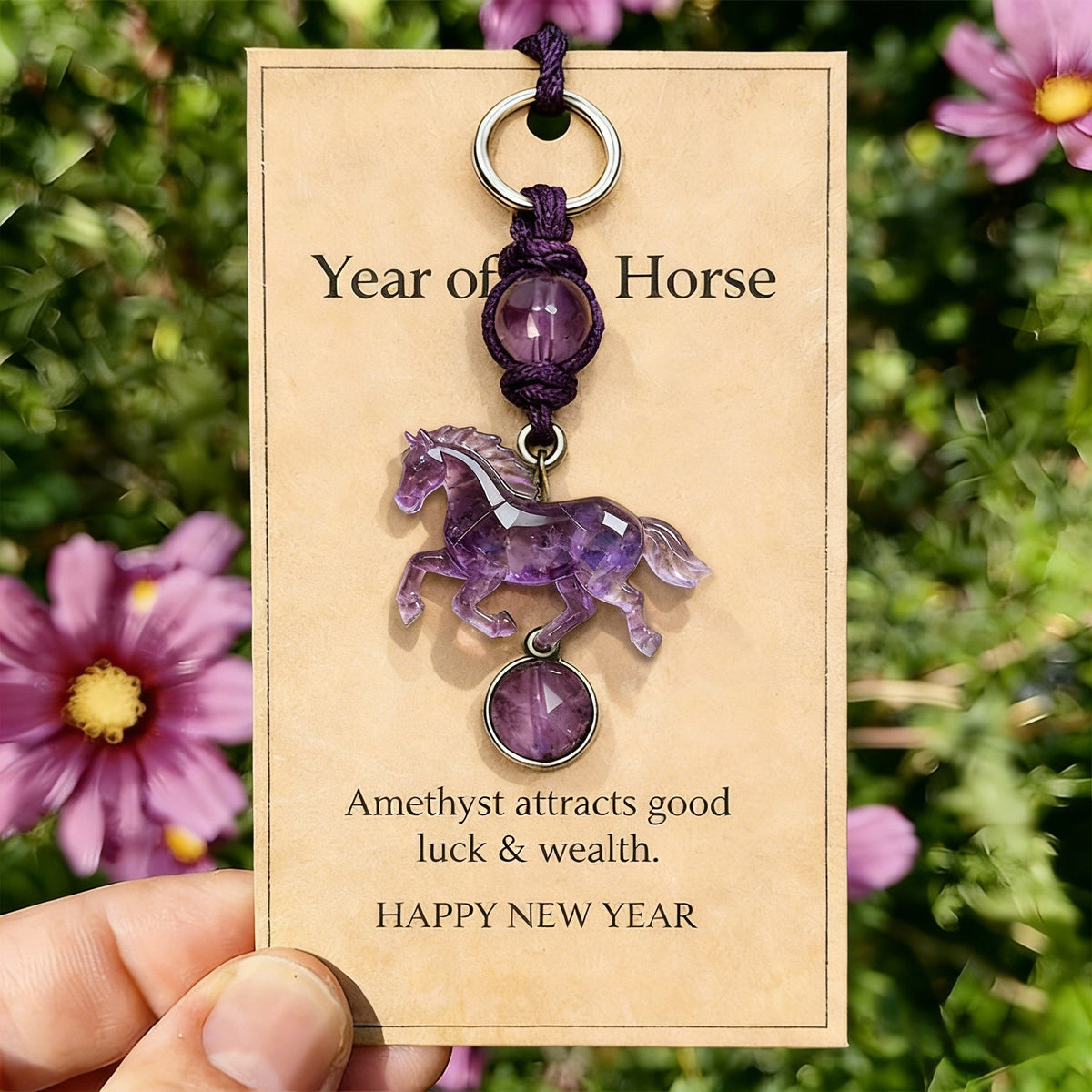 Lucky Amethyst Crystal Horse Keychain - A Symbol of Wisdom & Success