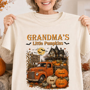 Retro Vintage Farmhouse Halloween Town Style Grandma's Little Pumpkins Truck - Personalized Shirt - Halloween Gift For Family