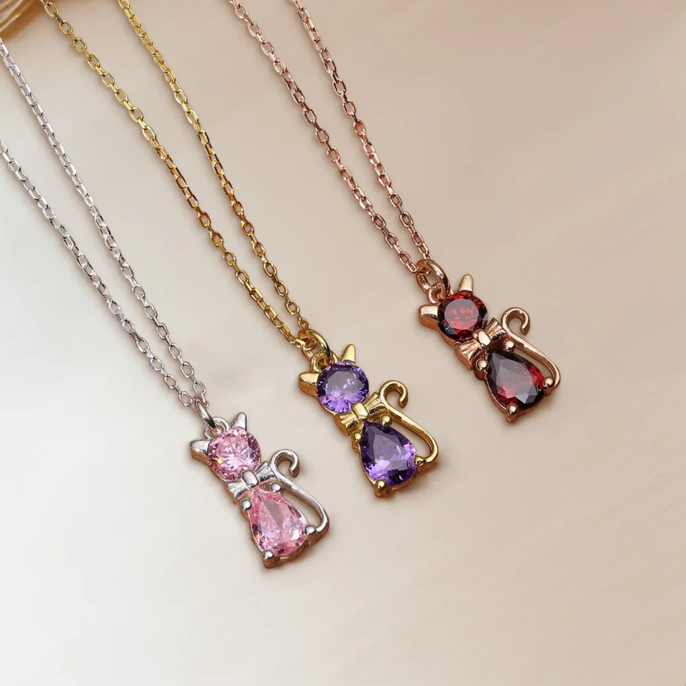Personalized Cat Dog Bow Birthstone Necklace Dainty Jewelry Birthday Mother's Day Gift for Women Pet Lovers