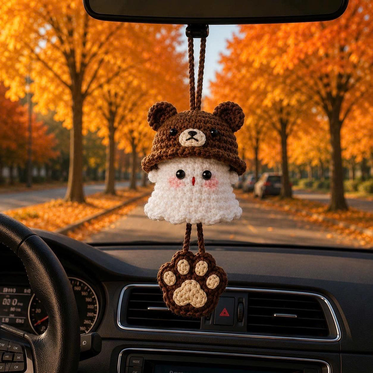 Halloween 2026 Crochet Ghost Car Charm, Handmade Mirror Accessory, Cute Spooky Car Ornament