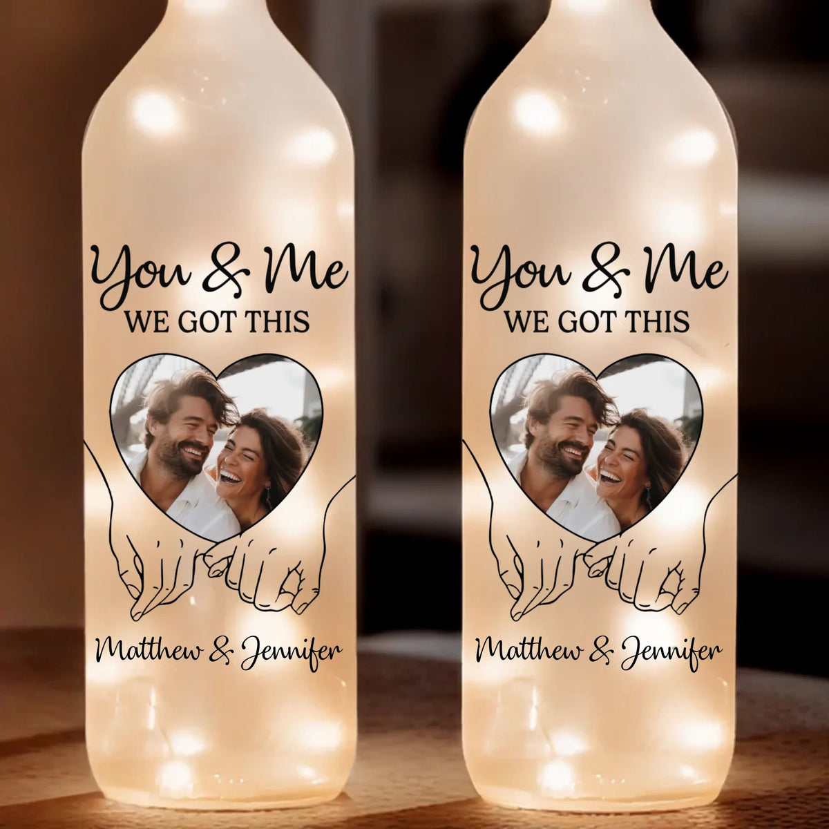 Custom Photo Hand In Hand, We Conquer All - Couple Personalized Custom Bottle Lamp - Gift For Husband Wife, Anniversary