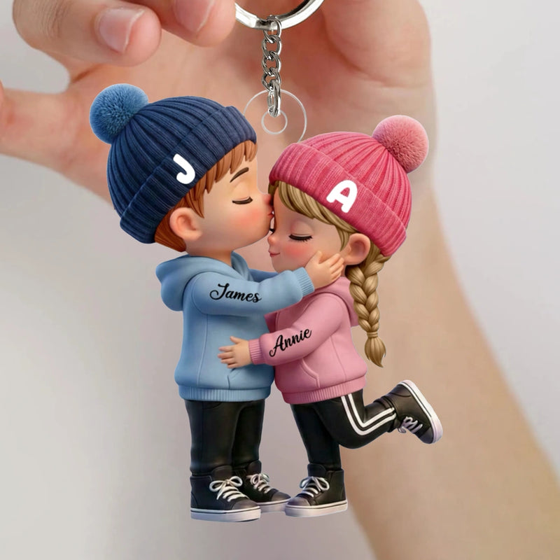 Cute Cartoon Kissing Couple Personalized Acrylic Keychain, Unique Gift for Couple