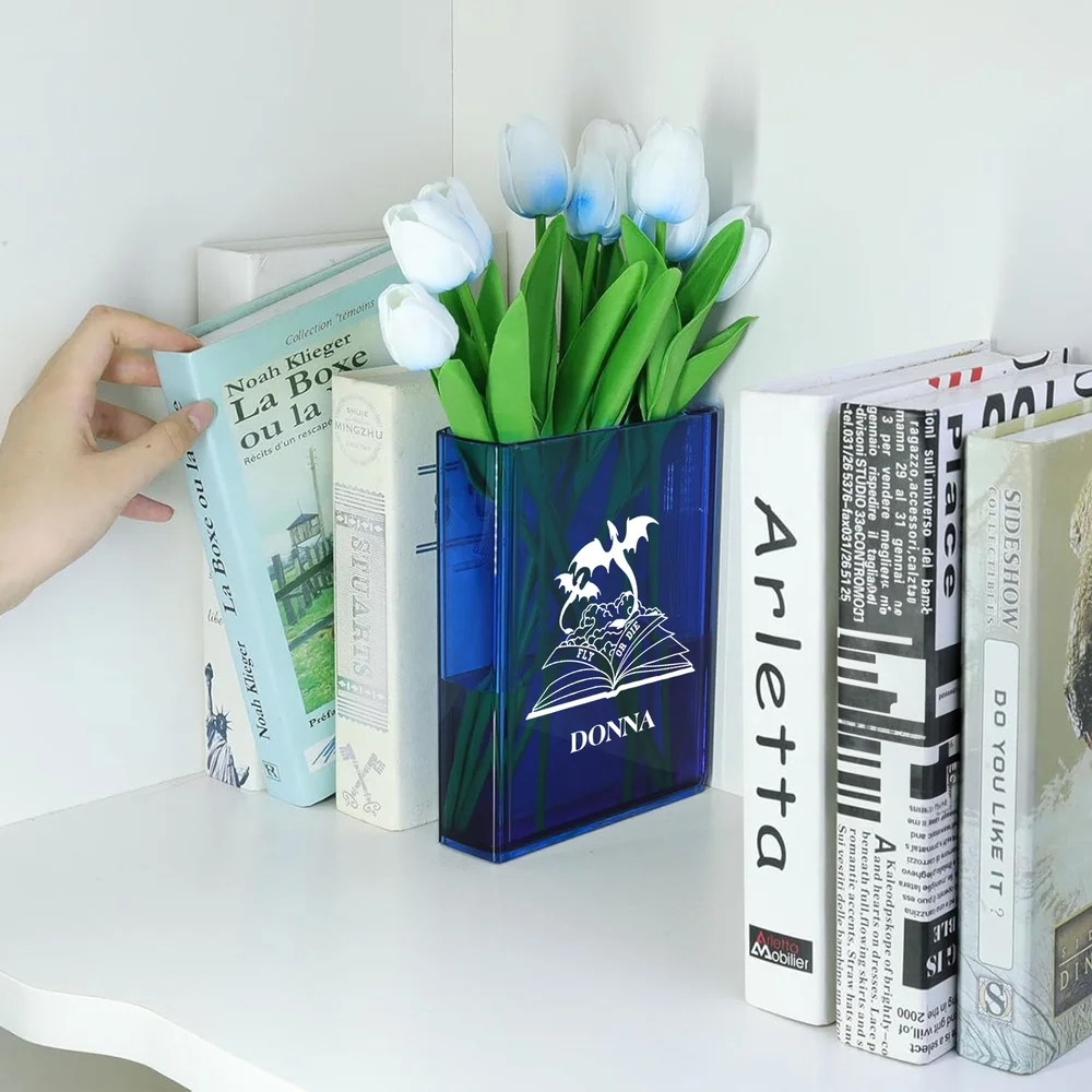 Personalised Cool Flying Dragon Pattern Clear Bookend Vase with Name, Gift for Mom Grandma Book Lovers