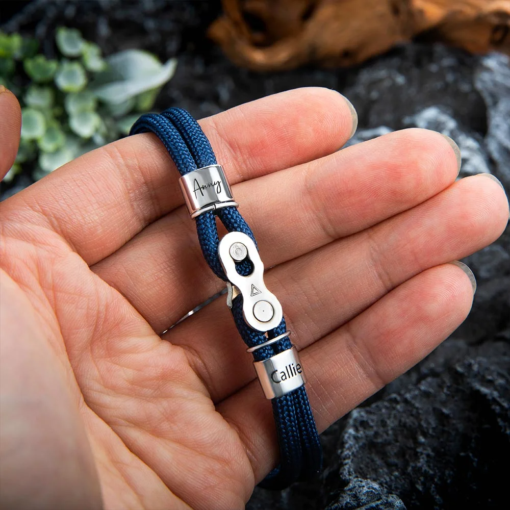 Personalized Bike Chain Bead Bracelet with Engraved Family Name Birthday Father's Day Gift for Man