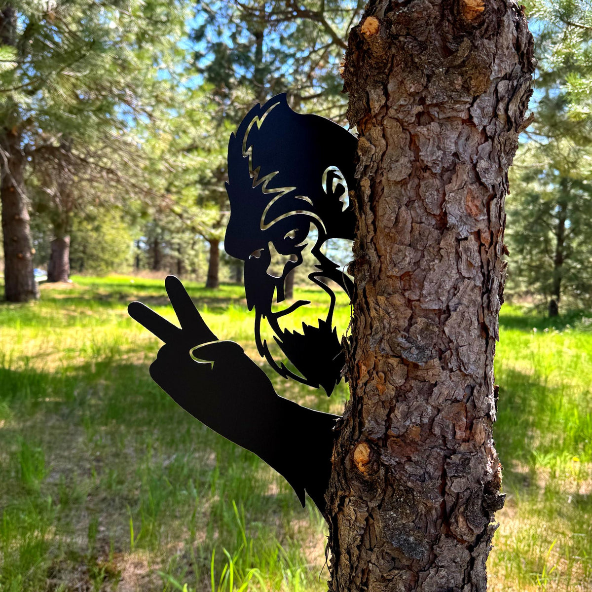 Peek-a-Boo Peace Sign Bigfoot Metal Sign – Peace Sign Edition - Sasquatch Peace Sign
