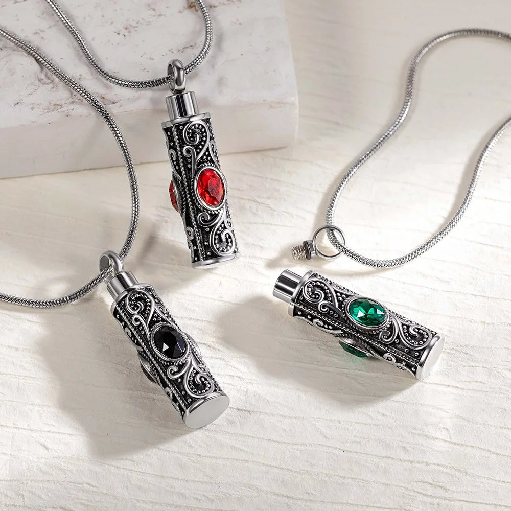 Personalized Gemstone Vintage Cylinder Urn Necklace for Ashes, Sympathy Gift for Pet Loss/Family/Friend/Lover