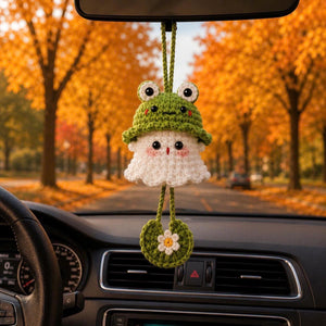 Halloween 2026 Crochet Ghost Car Charm, Handmade Mirror Accessory, Cute Spooky Car Ornament