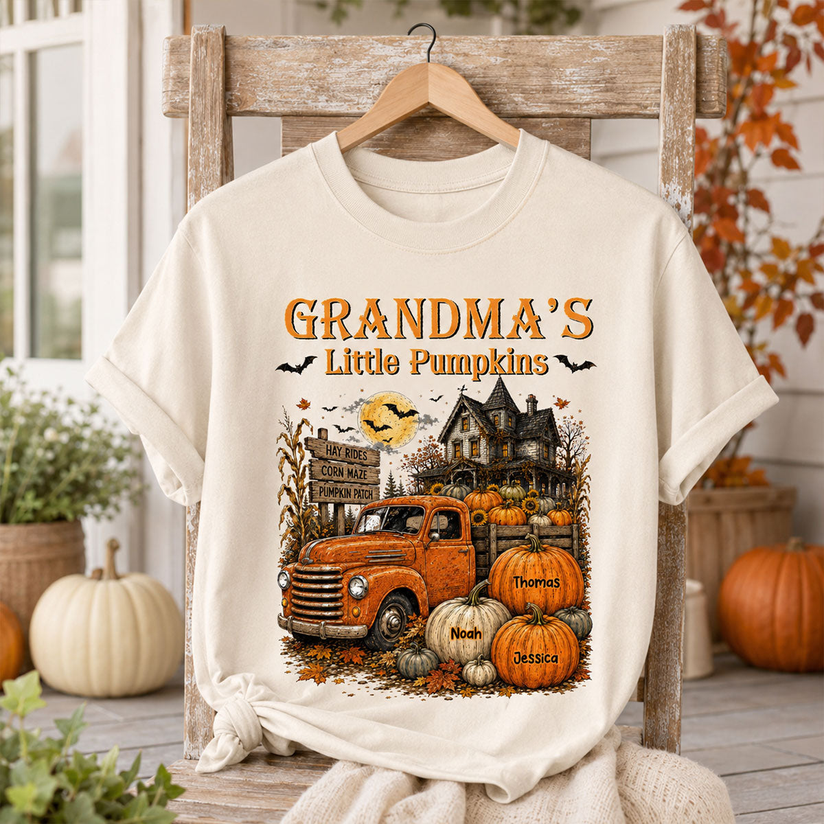Retro Vintage Farmhouse Halloween Town Style Grandma's Little Pumpkins Truck - Personalized Shirt - Halloween Gift For Family