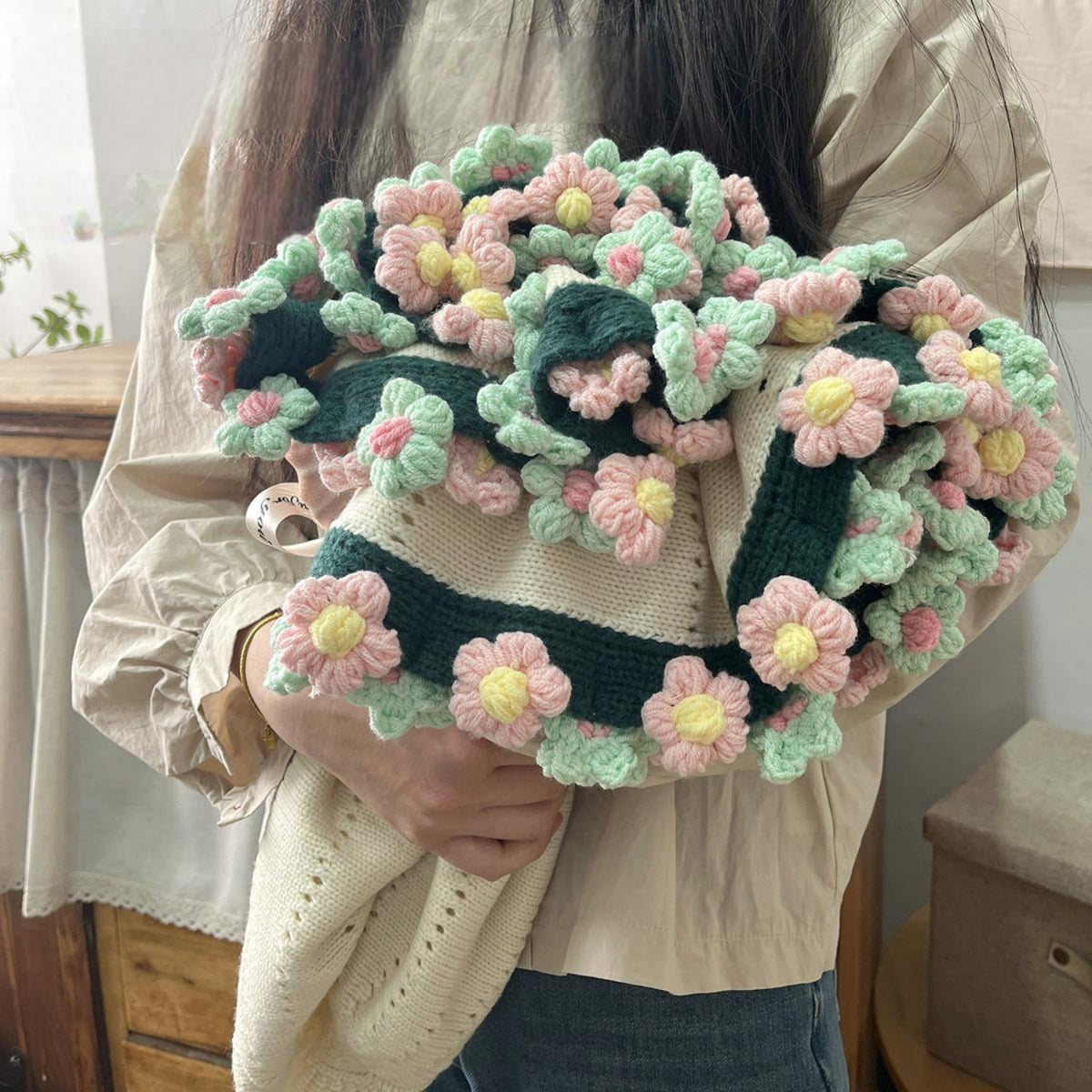 Hand-Knitted Daisy Blanket Bouquet Blanket Ready-Made Hand-Woven Flower Blanket, Gift For Mother And Girlfriend