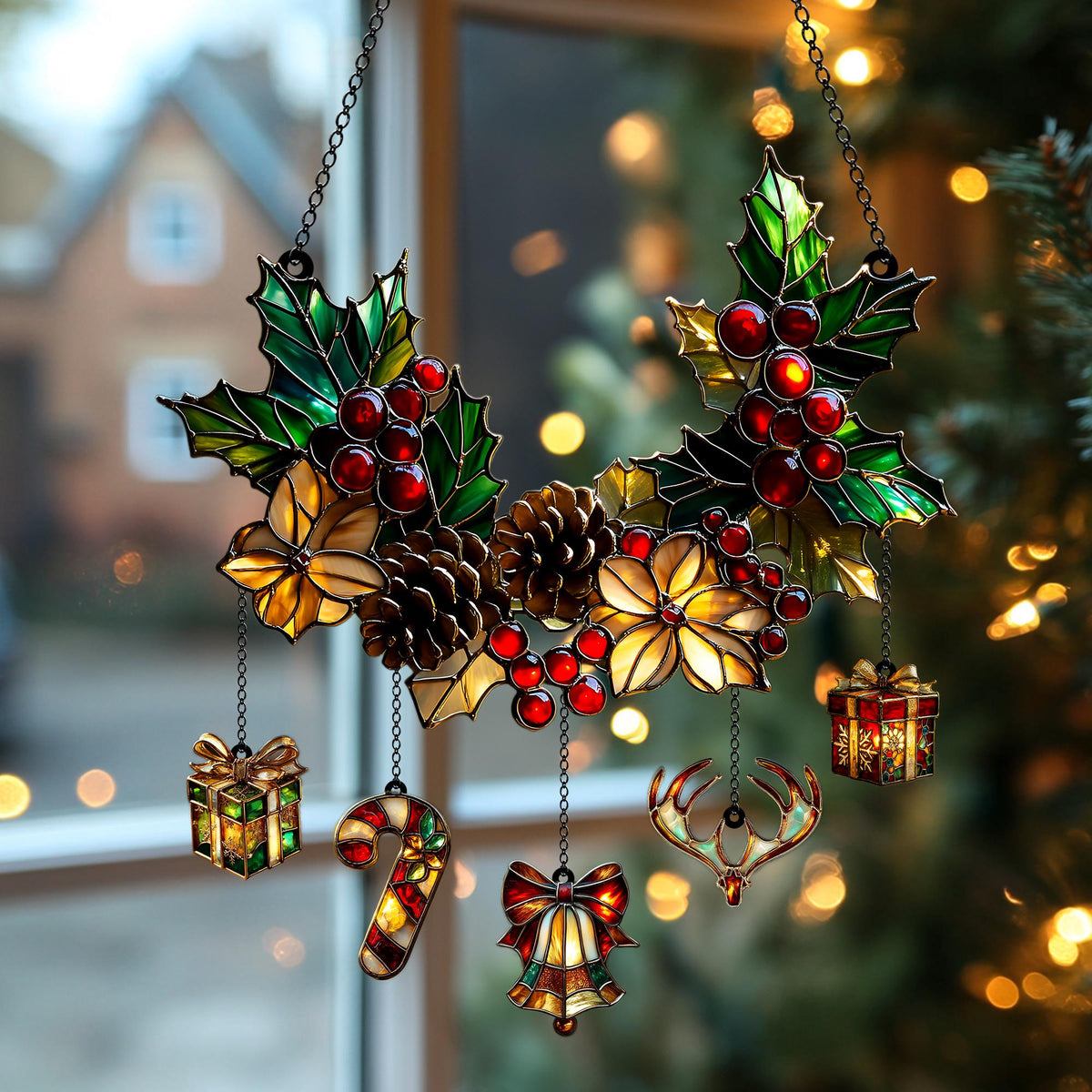 Holly & Pinecone Christmas Acrylic Suncatcher – Festive Winter Gift 2025 Christmas Ornament