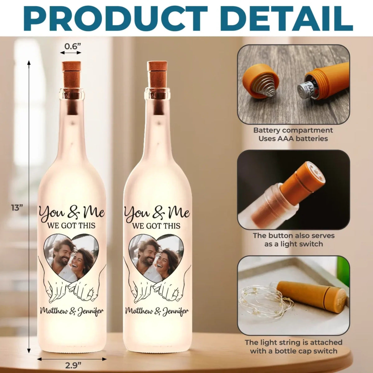 Custom Photo Hand In Hand, We Conquer All - Couple Personalized Custom Bottle Lamp - Gift For Husband Wife, Anniversary