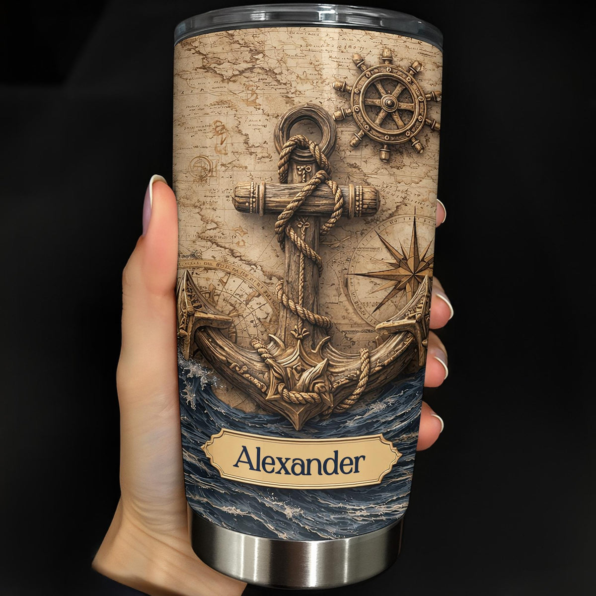Personalized Nautical Anchor Tumbler, Custom Name Sailor Gift, Vintage Compass Ocean Cup
