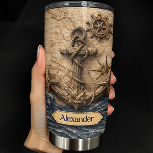 Personalized Nautical Anchor Tumbler, Custom Name Sailor Gift, Vintage Compass Ocean Cup