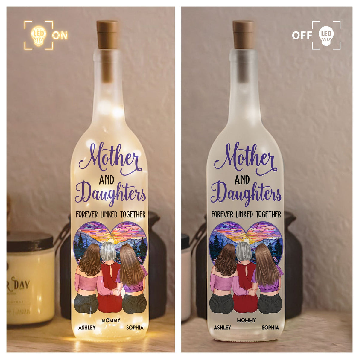 Mother & Daughter - Forever Linked Together - Personalized Bottle Lamp