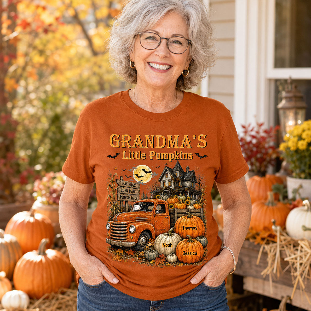 Retro Vintage Farmhouse Halloween Town Style Grandma's Little Pumpkins Truck - Personalized Shirt - Halloween Gift For Family