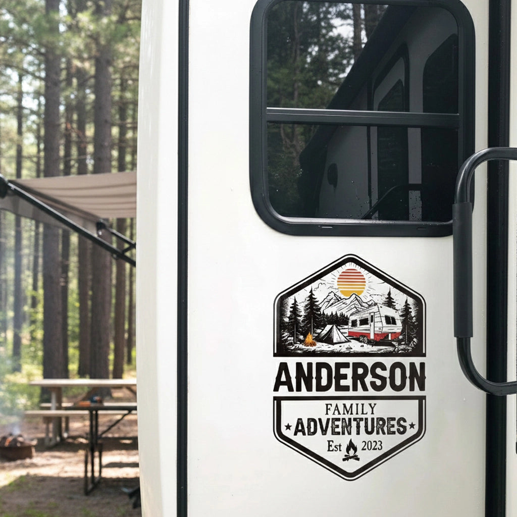 Personalized Family Adventures RV Decal, Custom Camper Sticker with Name & Year, Mountain Camping Scene, Gift for Travel Lovers
