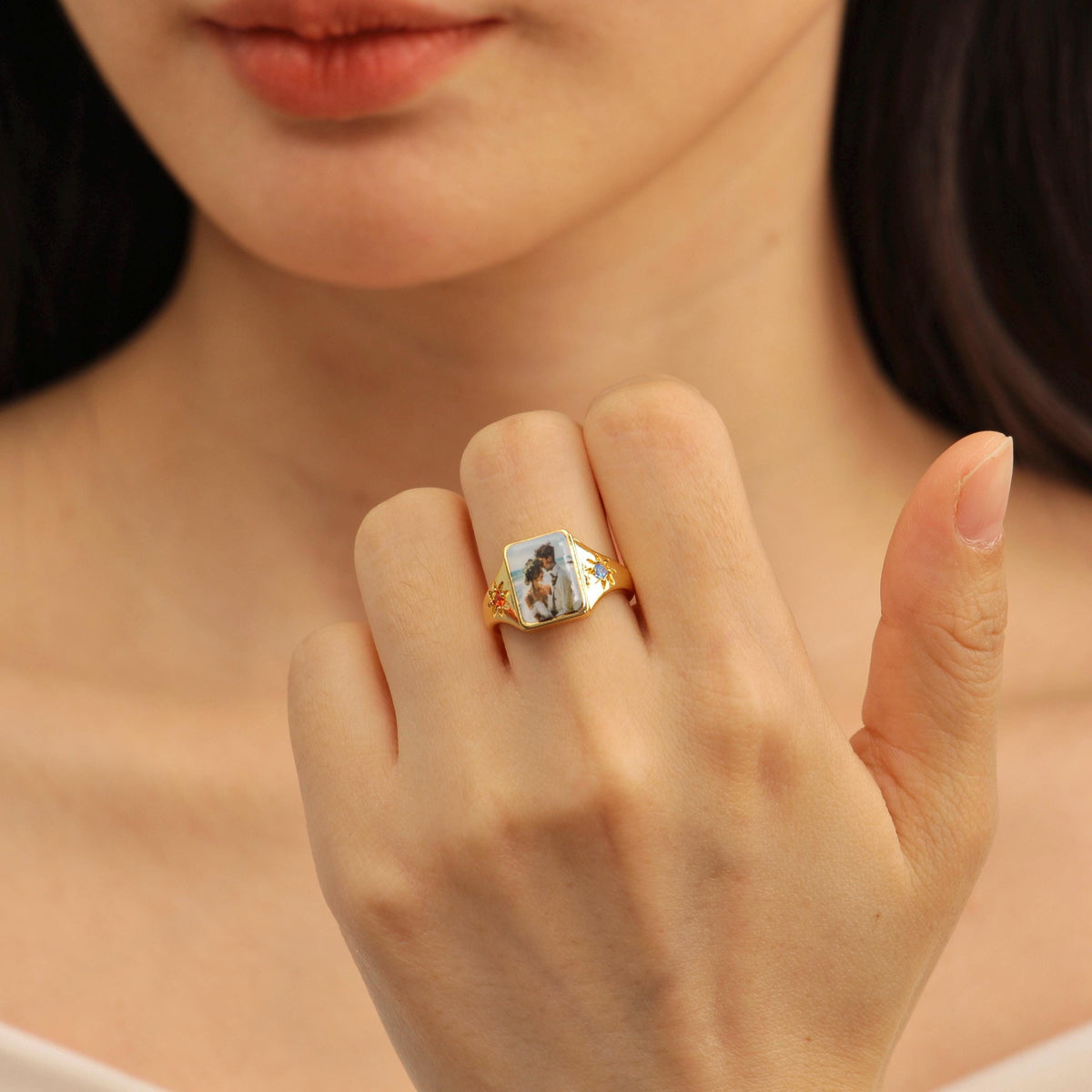 Custom Photo Personalized Rings With 2 Birthstones, Gift for Couple, Family