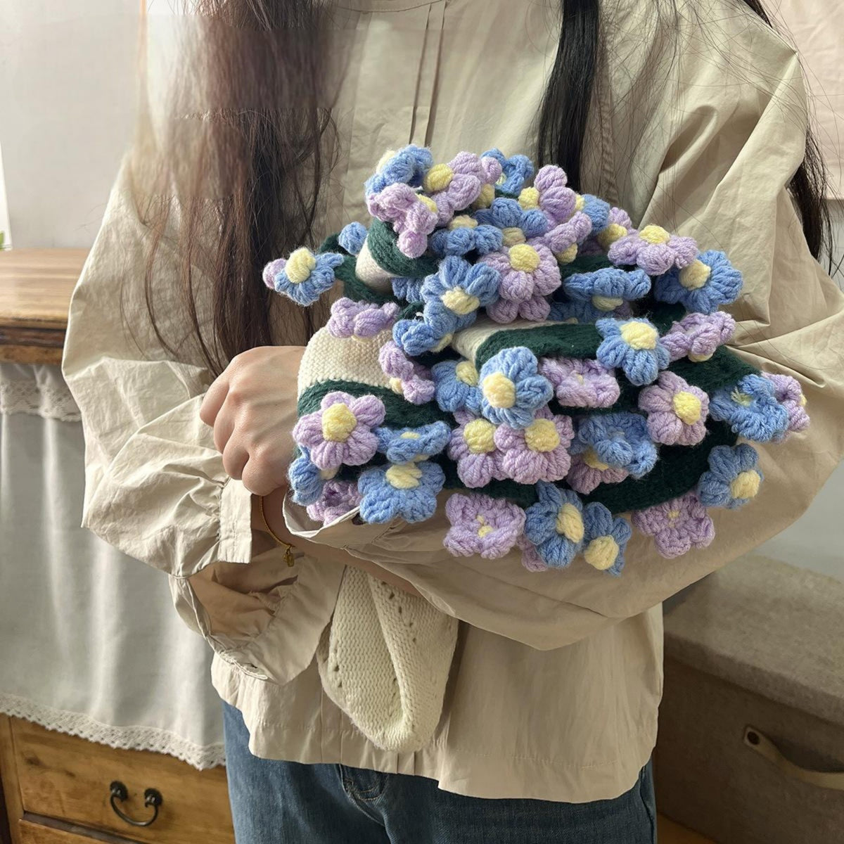 Hand-Knitted Daisy Blanket Bouquet Blanket Ready-Made Hand-Woven Flower Blanket, Gift For Mother And Girlfriend