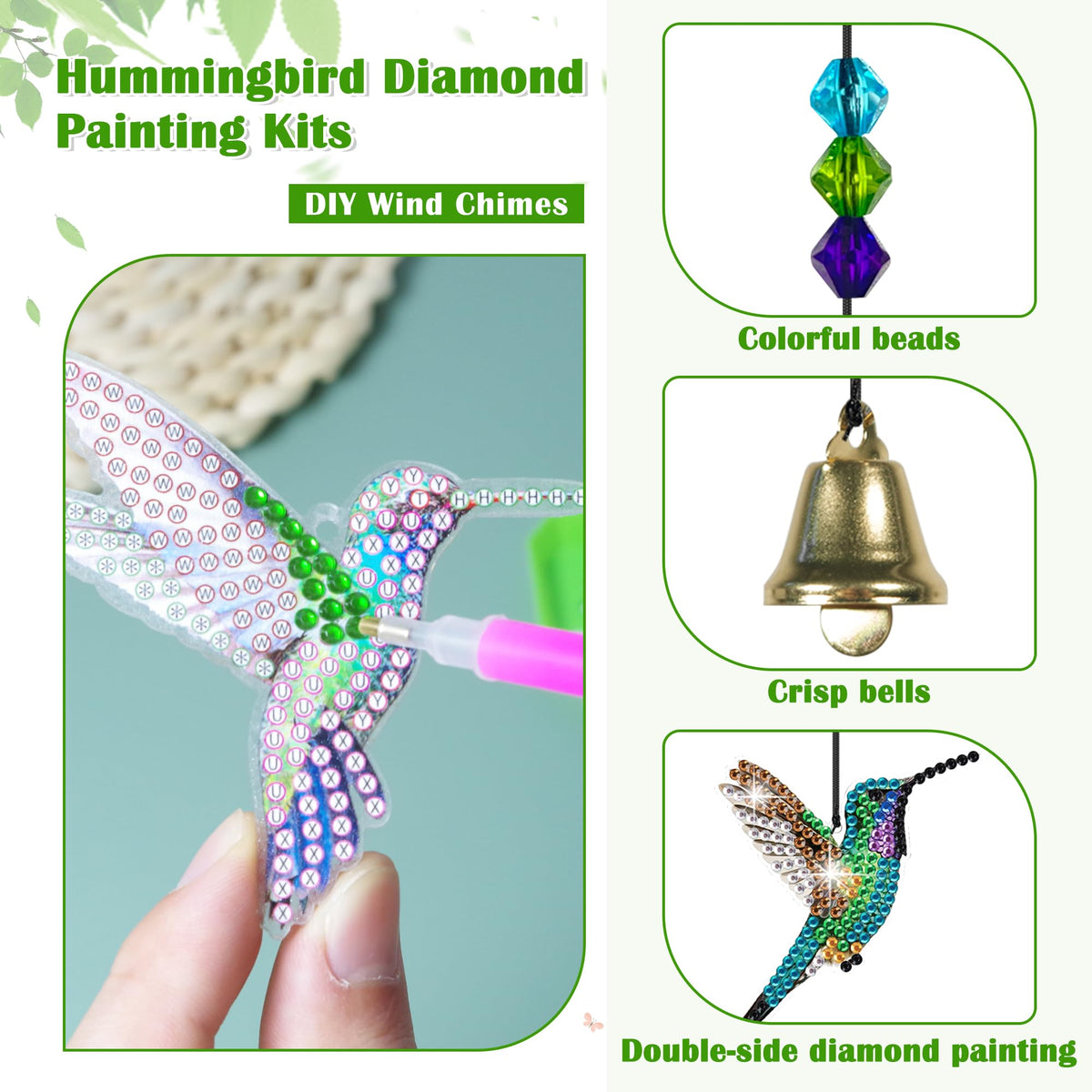 Diamond Painting Kits, Hummingbird Diamond Art Wind Chimes - Gift For Bird Lovers