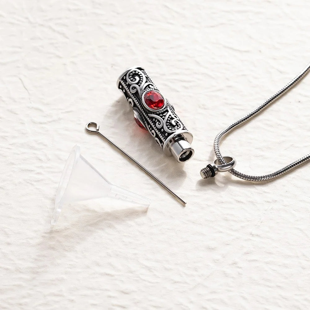 Personalized Gemstone Vintage Cylinder Urn Necklace for Ashes, Sympathy Gift for Pet Loss/Family/Friend/Lover