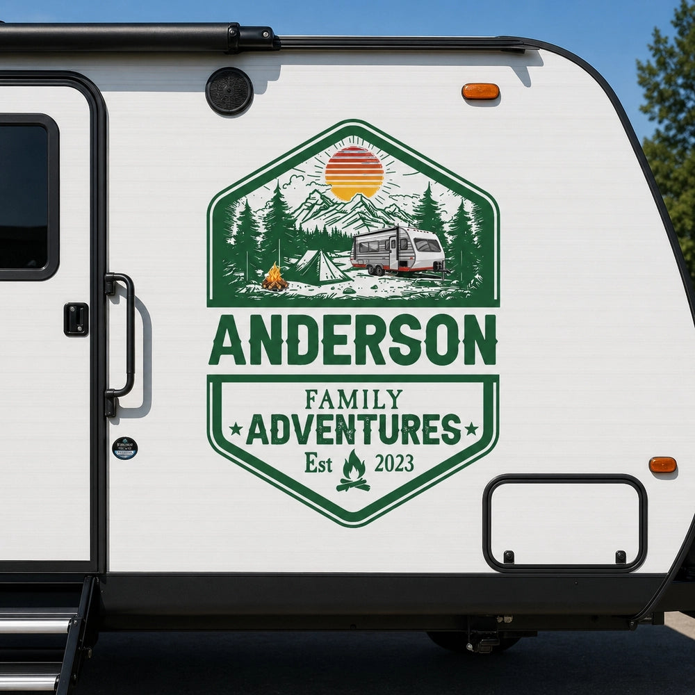 Personalized Family Adventures RV Decal, Custom Camper Sticker with Name & Year, Mountain Camping Scene, Gift for Travel Lovers