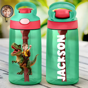 Personalized Photo Cute Kid Riding Dinosaur Flamingo Water Bottle - Back To School Gift