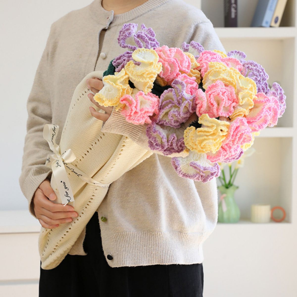 Hand-Knitted Rainbow Carnation Blanket Ready-Made Gift for Mother's Day