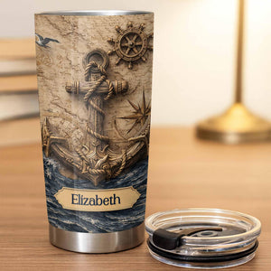 Personalized Nautical Anchor Tumbler, Custom Name Sailor Gift, Vintage Compass Ocean Cup