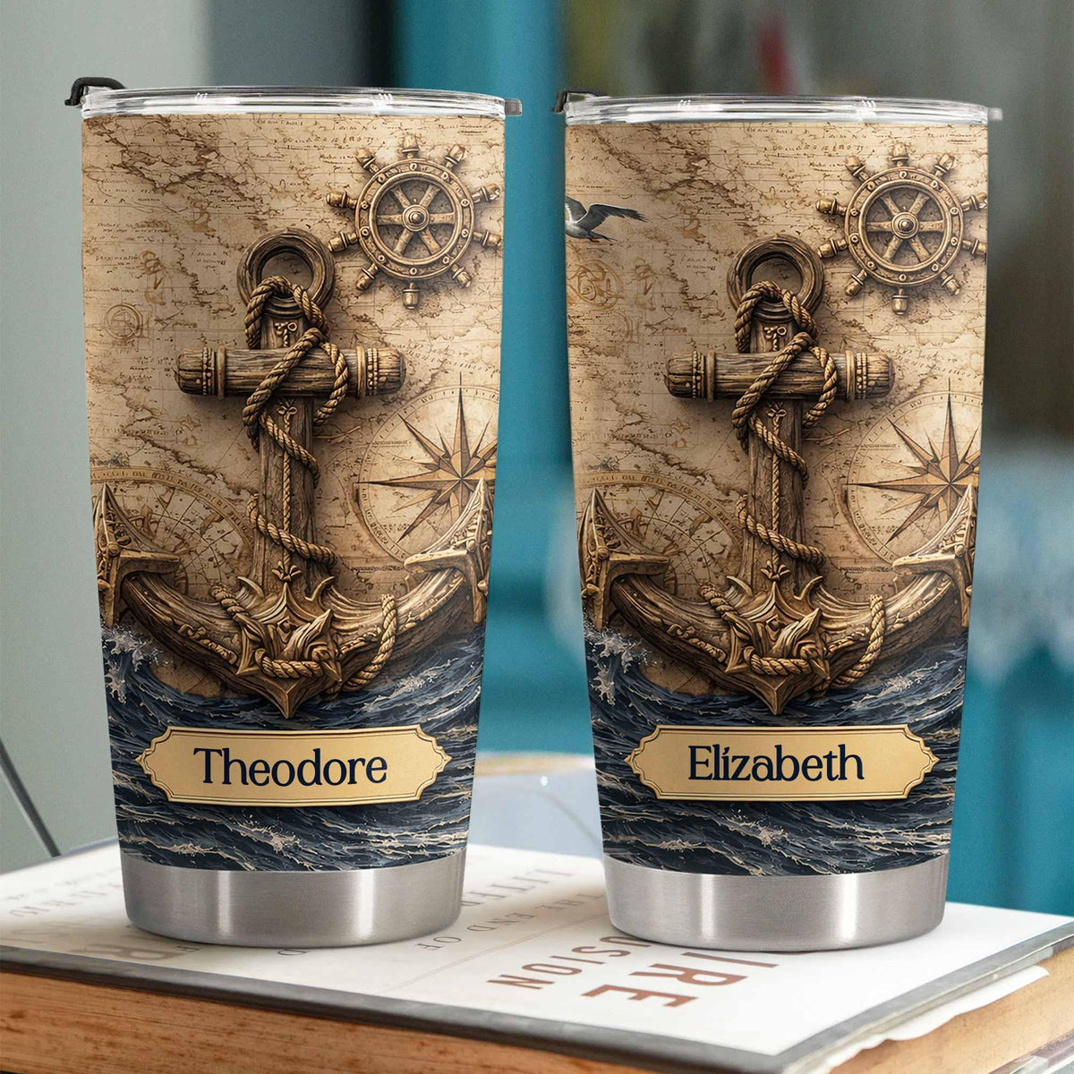 Personalized Nautical Anchor Tumbler, Custom Name Sailor Gift, Vintage Compass Ocean Cup