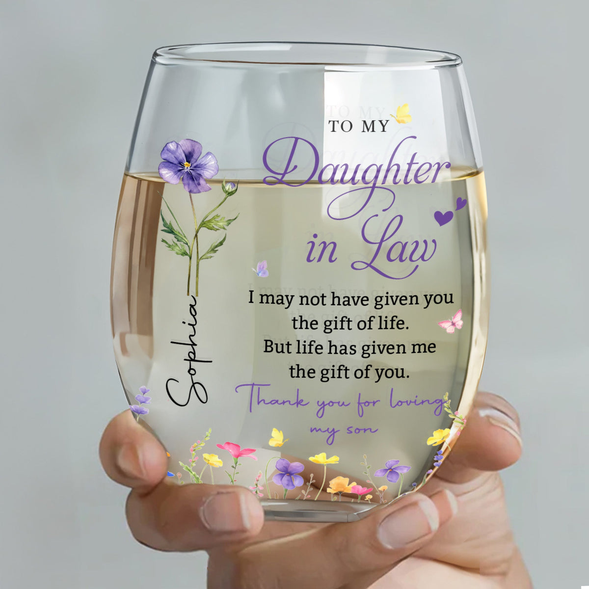 Personalized Flower  Stemless Wine Glass - To My Daughter In Law Gift