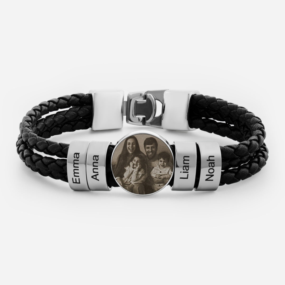 Leather Photo Men Bracelet with Name Beads - Personalized Gifts for Dad Grandpa