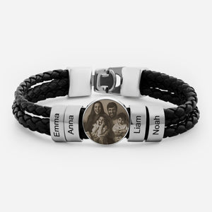 Leather Photo Men Bracelet with Name Beads - Personalized Gifts for Dad Grandpa