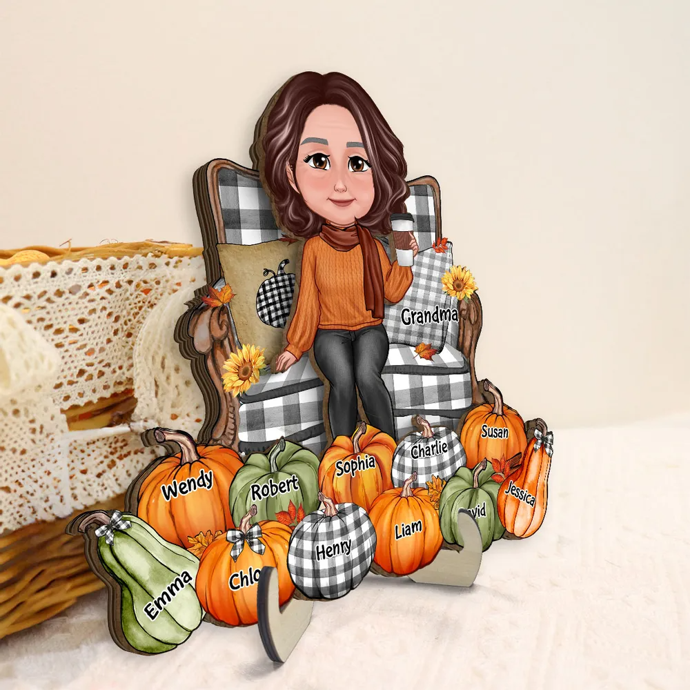 Sitting On Chair Pumpkins Personalized 2-Layer Wooden Plaque, Fall Season Decor, Gift For Grandma