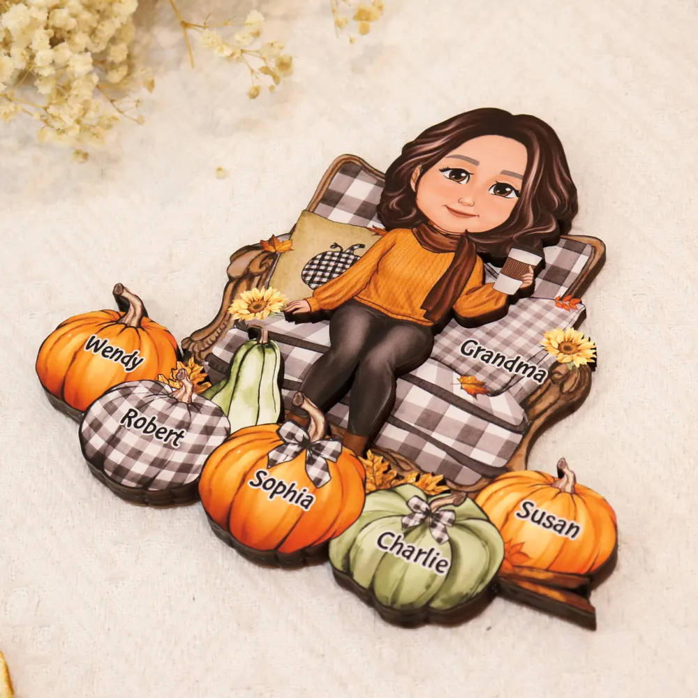 Sitting On Chair Pumpkins Personalized 2-Layer Wooden Plaque, Fall Season Decor, Gift For Grandma